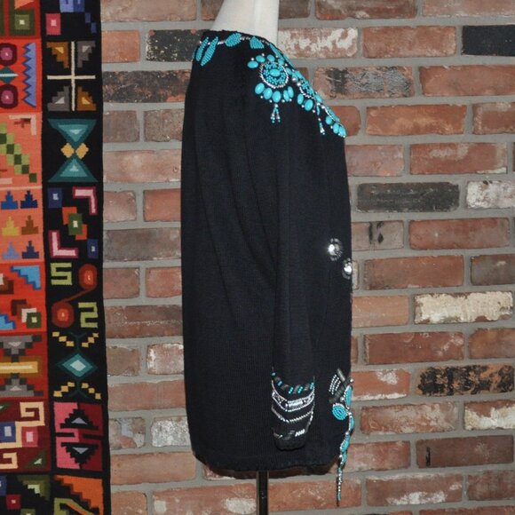 Vintage Embellished Turquoise Silver Beaded Michael Simon Sweater Cardigan KNIT - Picture 3 of 11